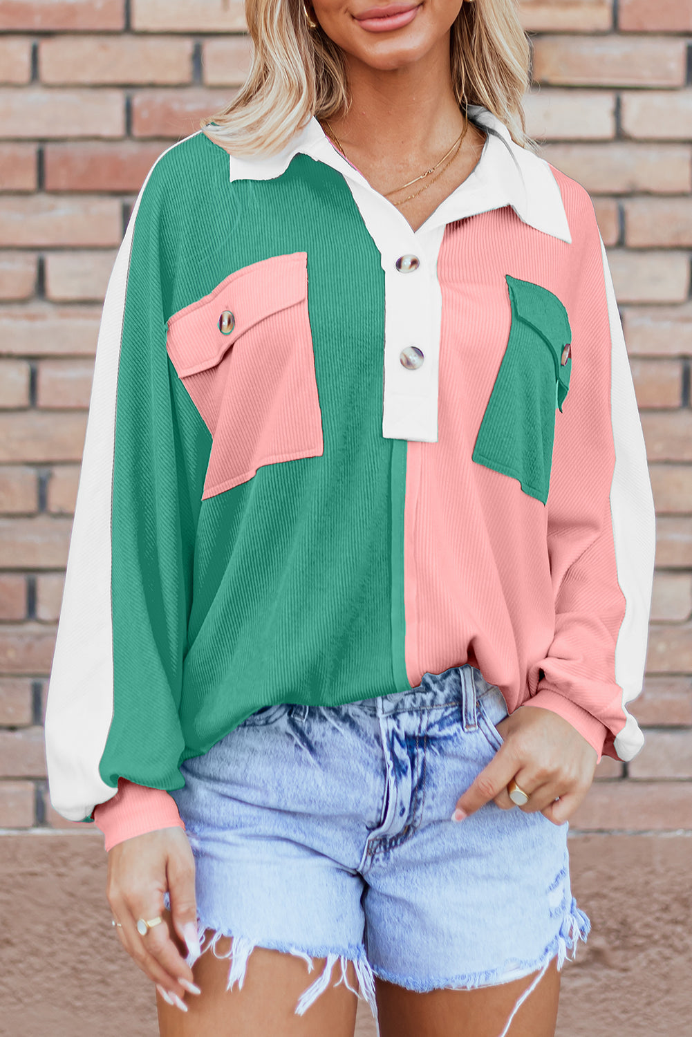 Pink Color Block Ribbed Collared Oversized Shirt