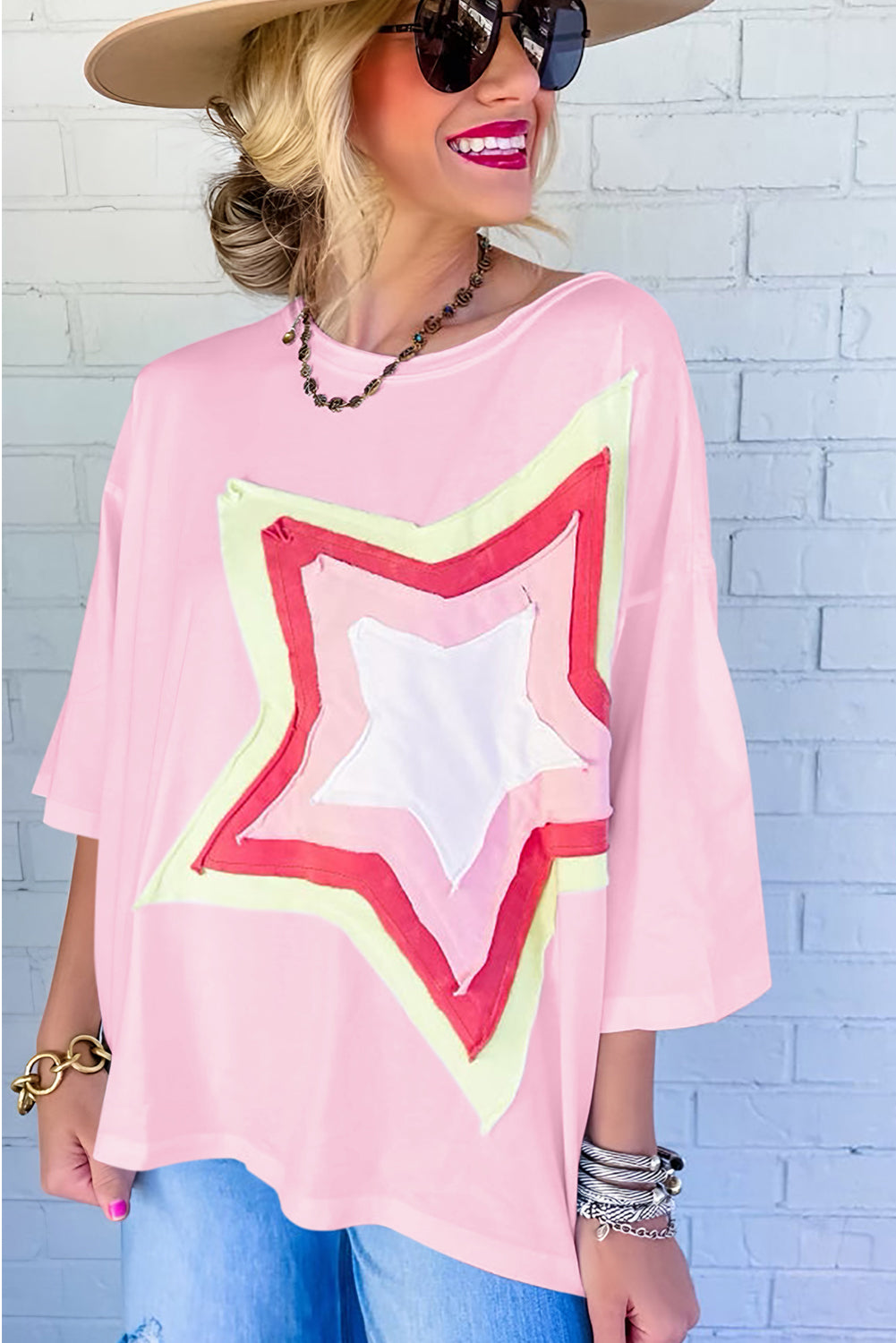 Colorblock Star Patched Half Sleeve Oversized Tee