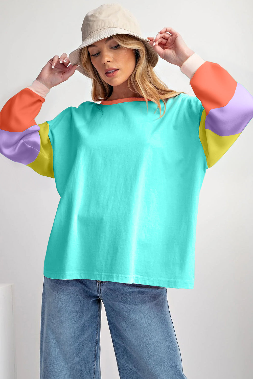 Color Block Patchwork Long Sleeve Loose Top