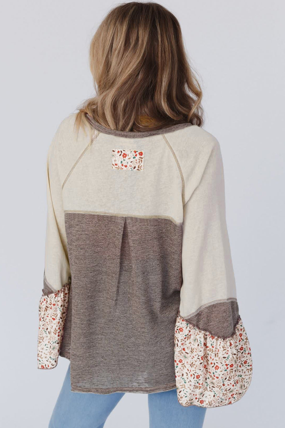 Goat Floral Patchwork Flared Sleeve Buttons Henley Top