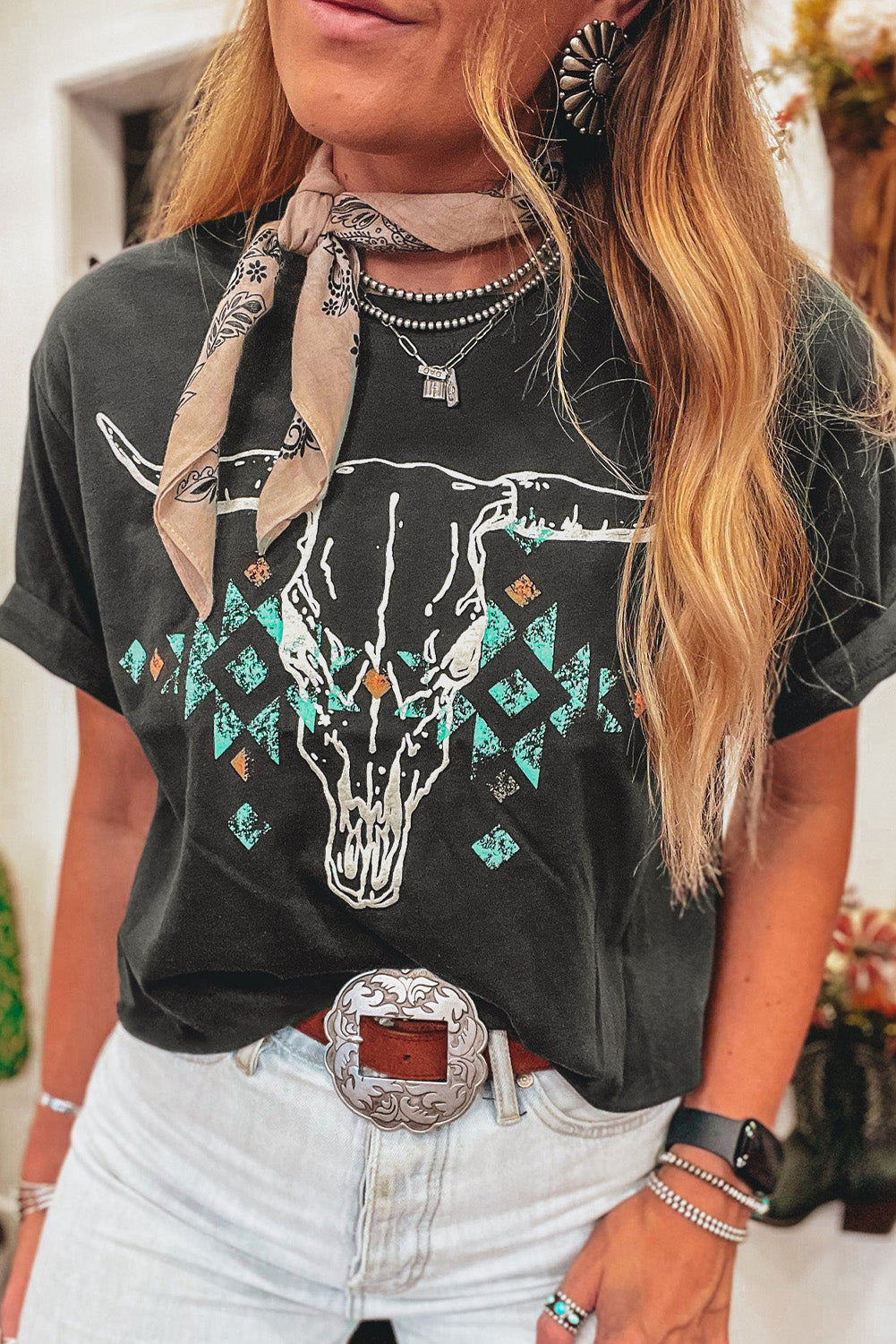 Carbon Grey Vintage Western Bull Head Skull Turquoise Aztec T Shirt