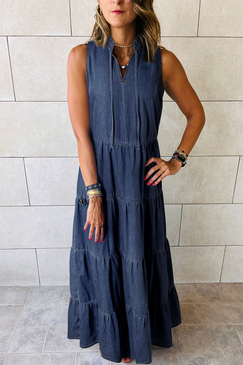 Sleeveless Tiered Chambray Maxi Dress in dak denim