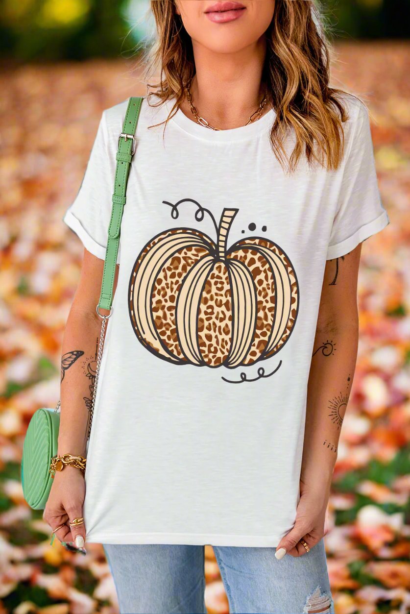 White Leopard Pumpkin Graphic Crewneck Halloween T Shirt