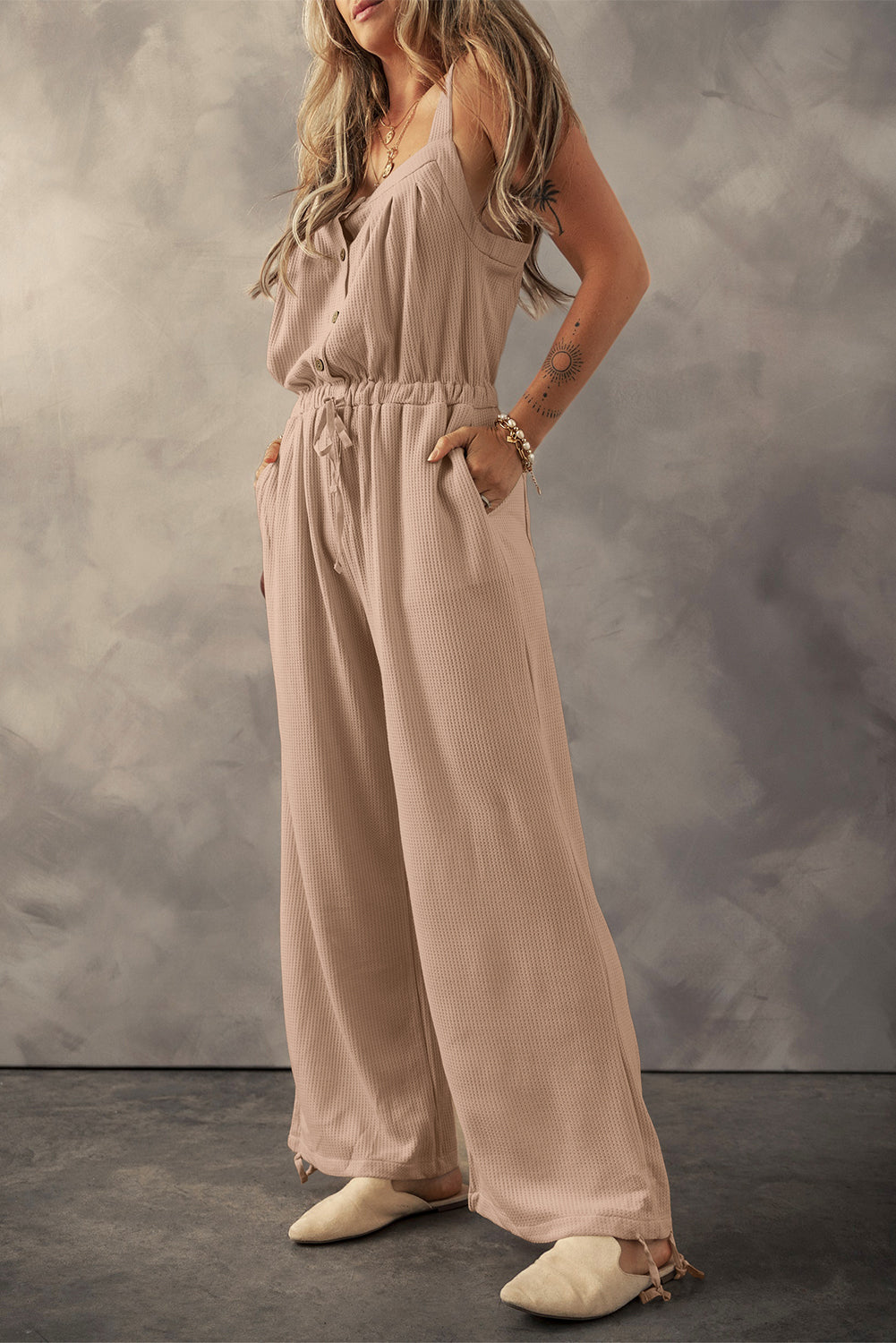 Knotted Straps Button Textured Drawstring Jumpsuit in pale khaki