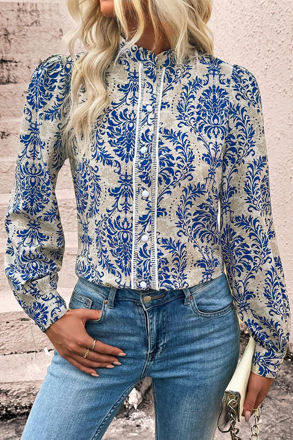 Sky Blue Bohemian Printed Bishop Sleeve Lace Blouse