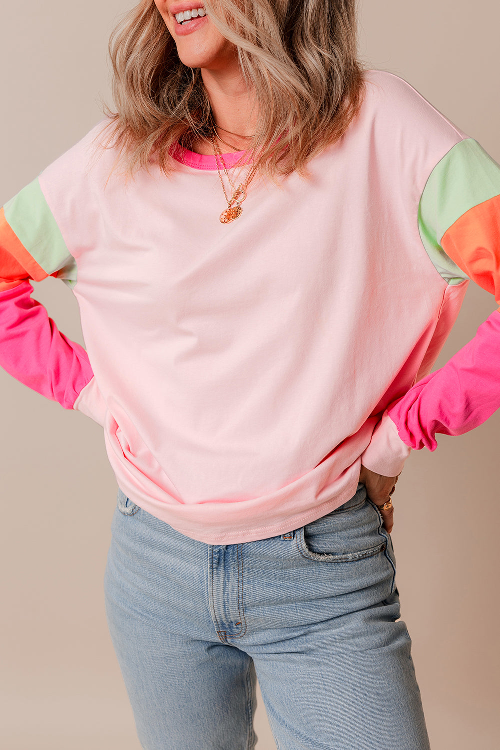 Color Block Patchwork Long Sleeve Loose Top