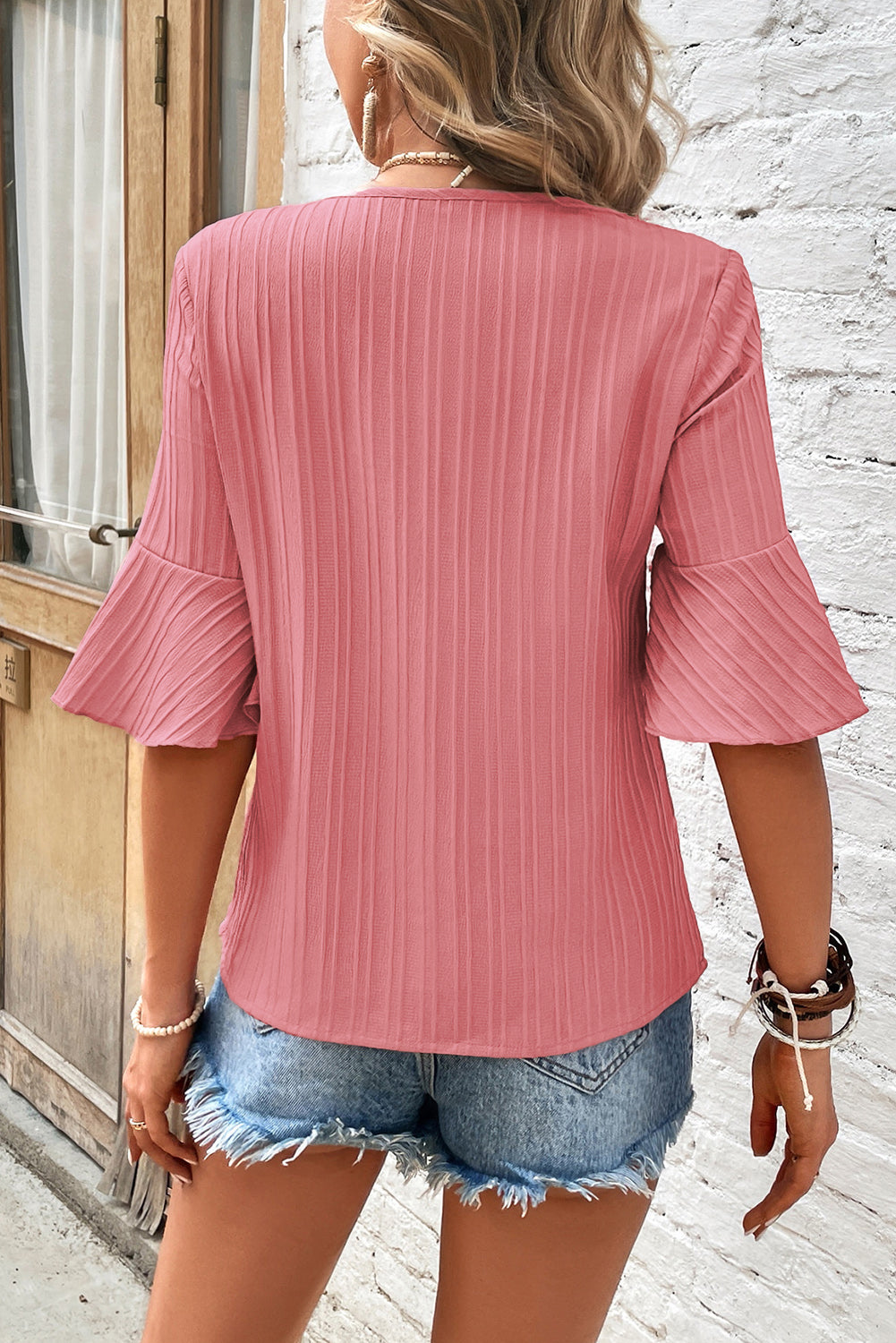 Ruffled Half Sleeve V-Neck Textured Top