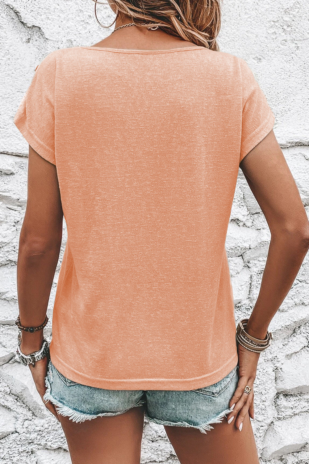 Felicity Button Detail Casual Tee in apricot pink