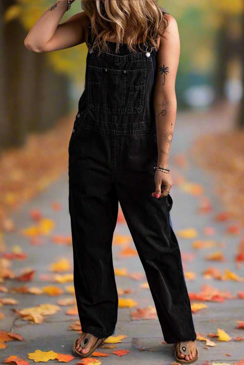 Black Adjustable Buckle Straps Denim Overalls