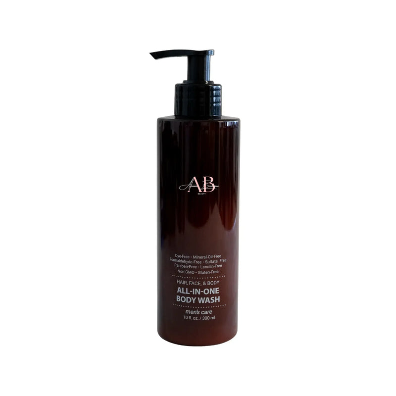 Brown bottle of all-in-one body wash with pump on a white background