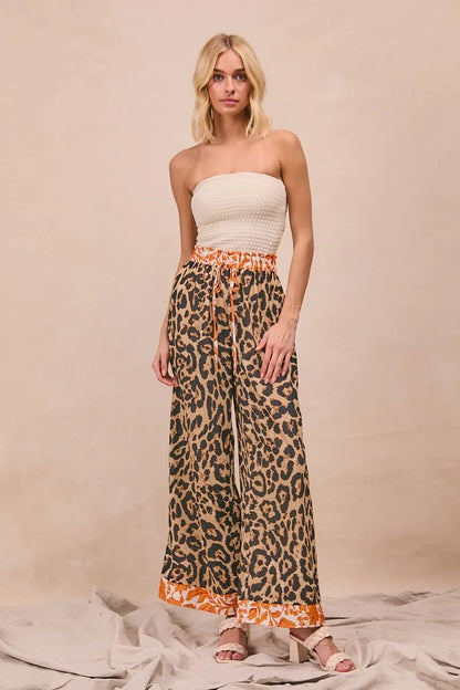 Leopard Print With Contrast Banded Wide Pants