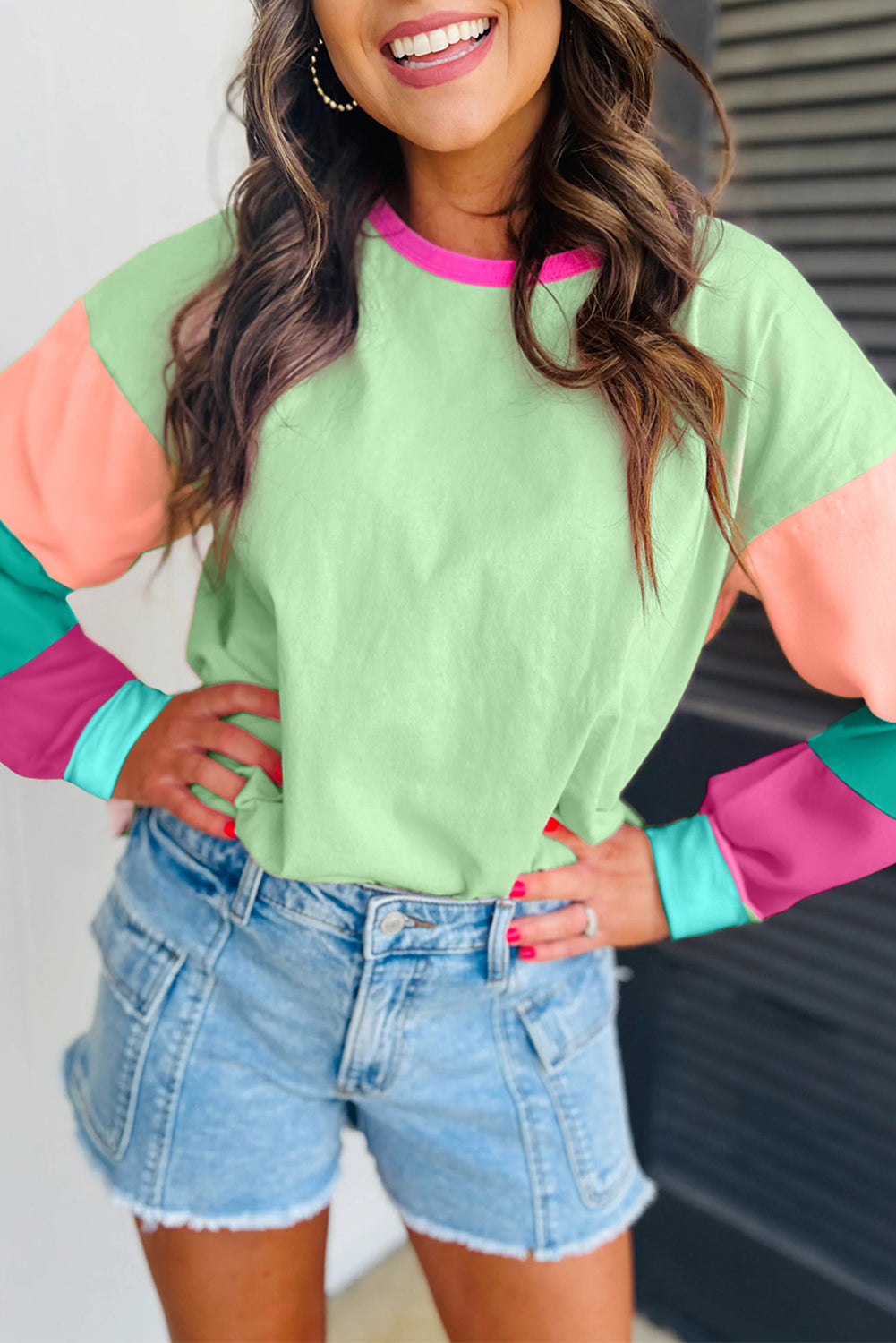 Color Block Patchwork Long Sleeve Loose Top