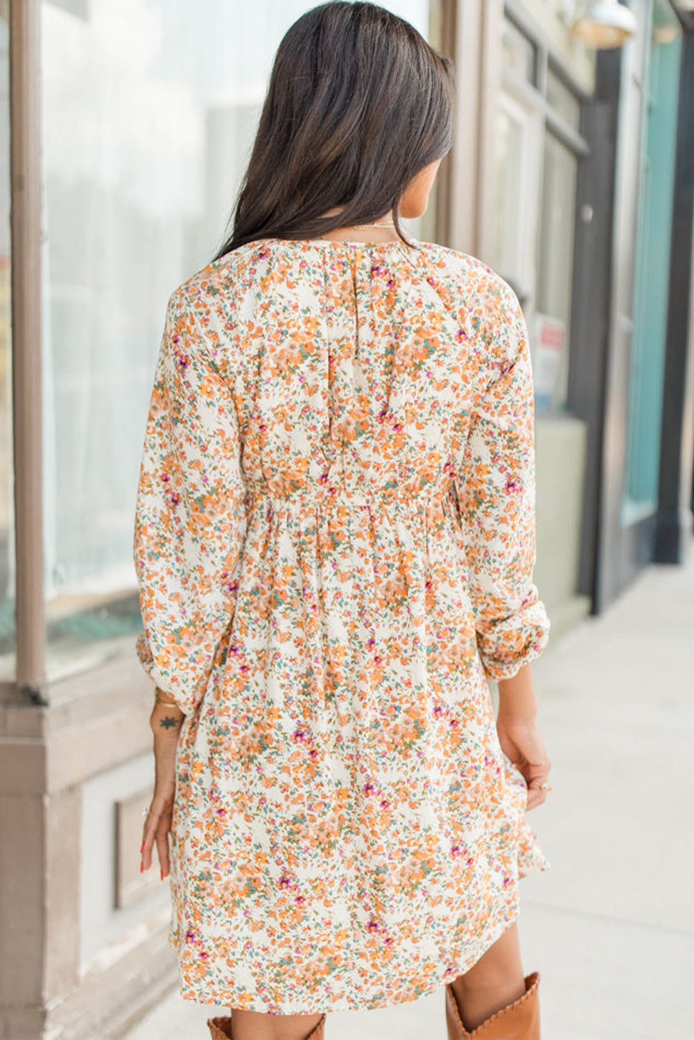 Yellow Boho Floral Long Sleeve Mini Dress