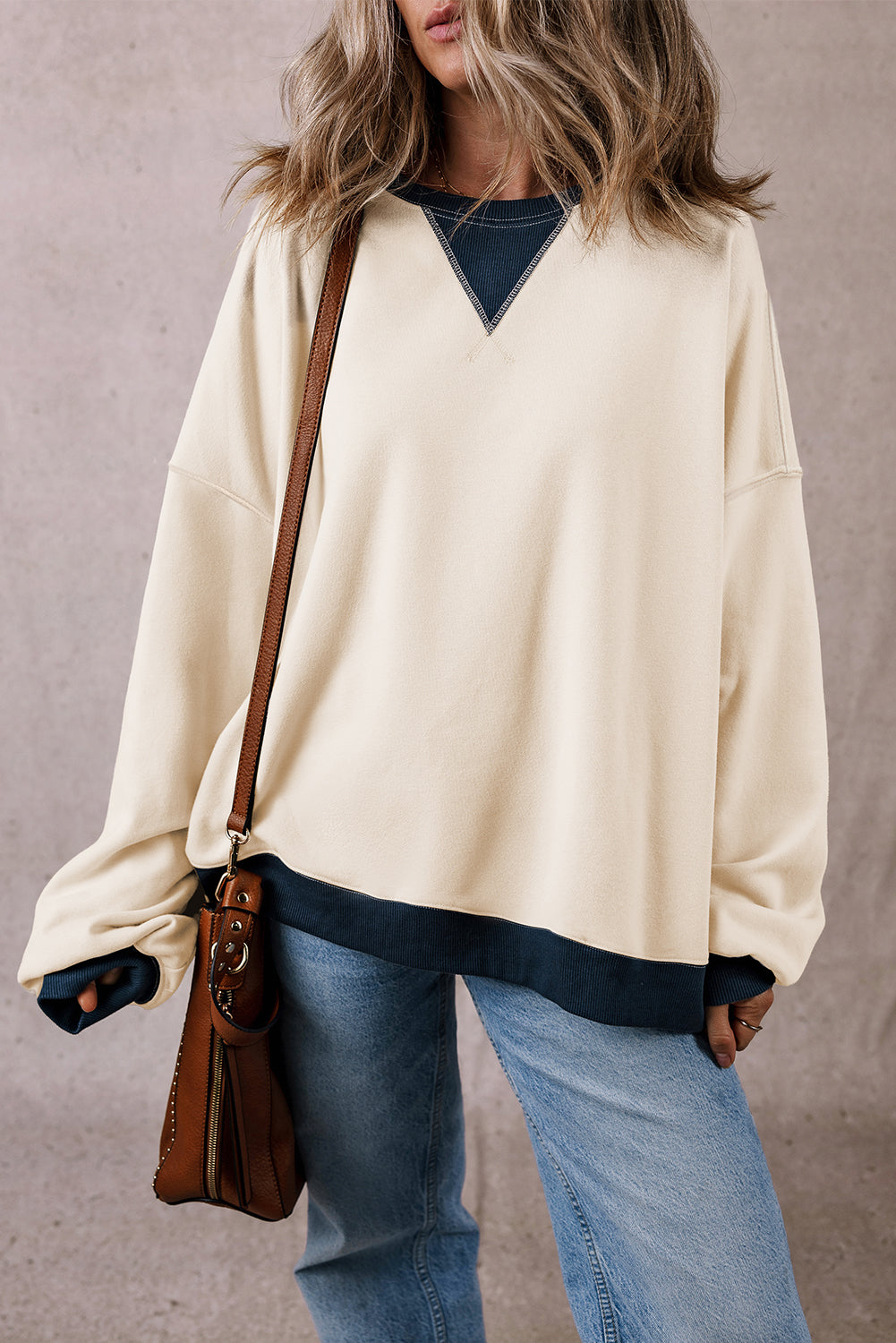 Oversized Sweatshirt Color Block Patch Drop Shoulder