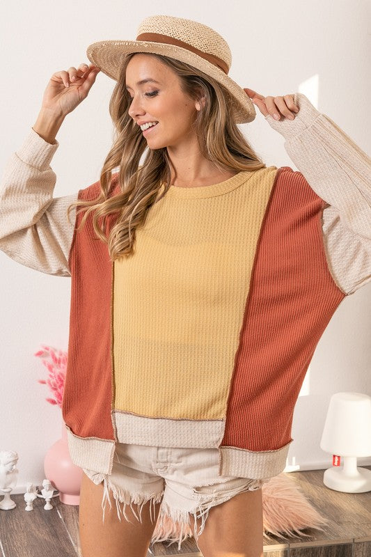 Waffle-Knit Exposed Seam Color Block Uneven Hem Top