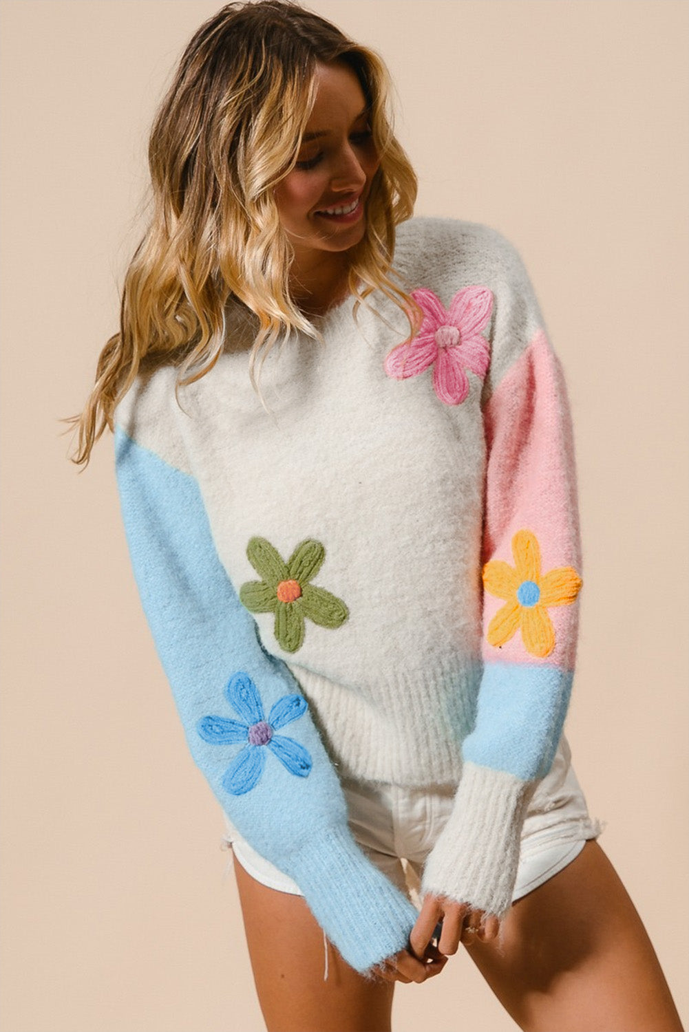 Multicolor Floral Embroidered Fuzzy Drop Shoulder Sweater