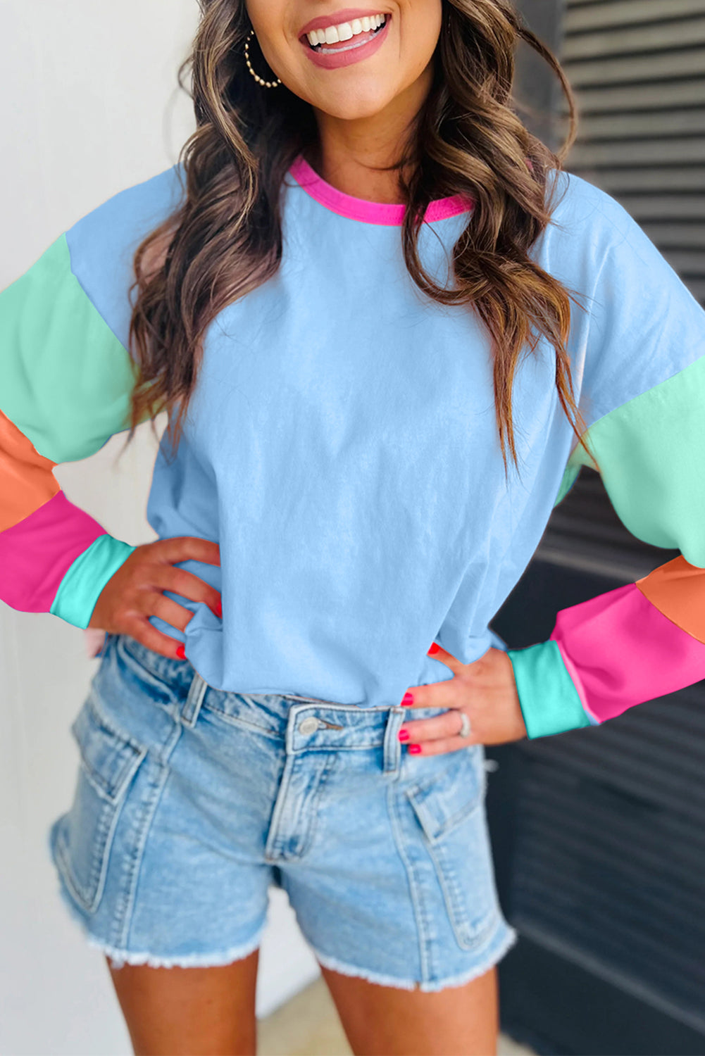 Color Block Patchwork Long Sleeve Loose Top