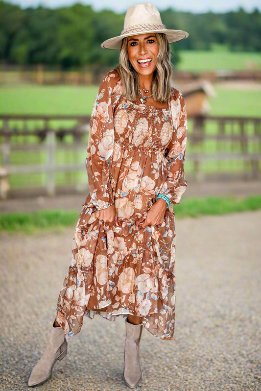 Brown Floral Print Shirred Square Neck High Waist Maxi Dress