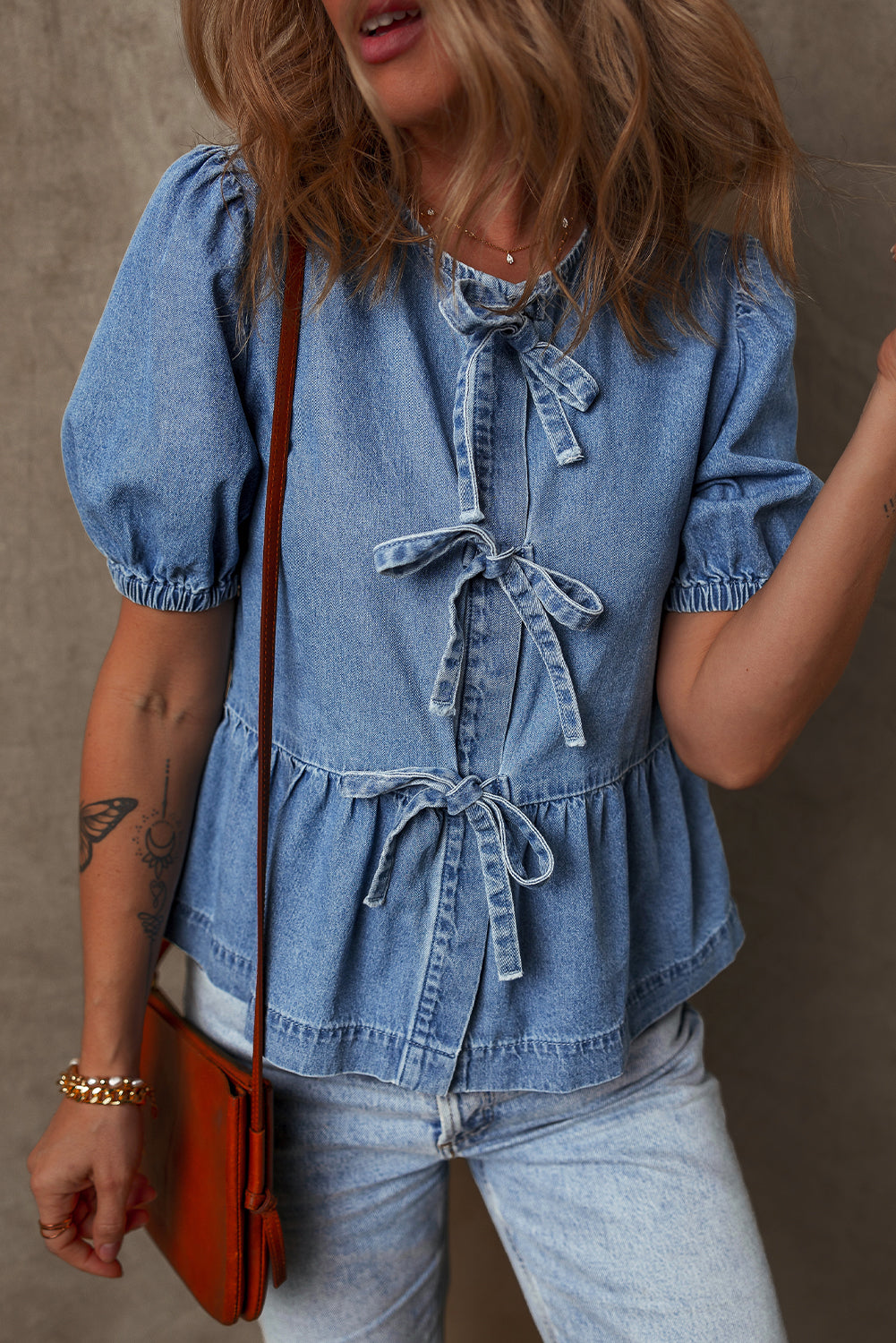 Dusk Blue Tied Front Bubble Sleeve Peplum Denim Shirt