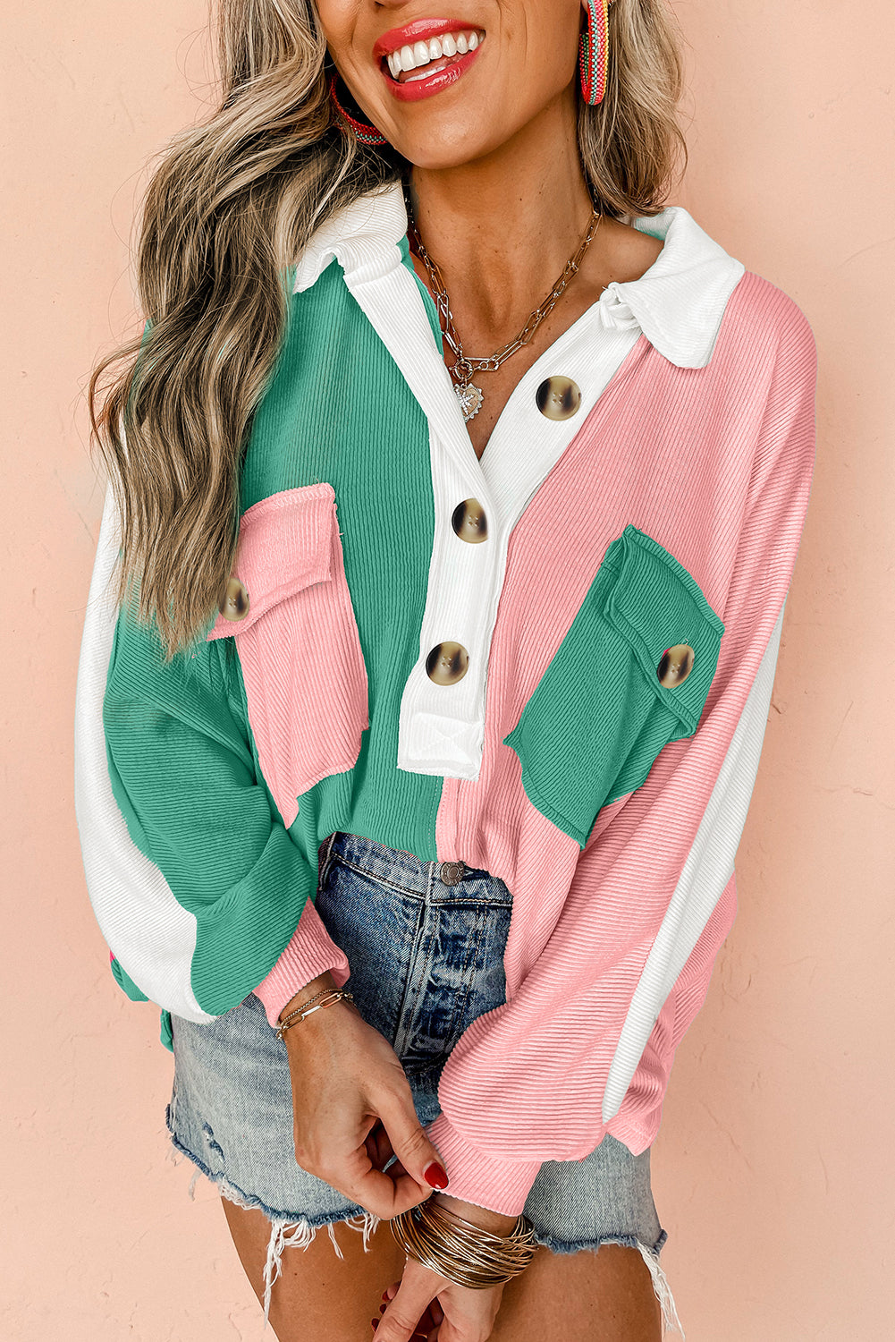 Pink Color Block Ribbed Collared Oversized Shirt