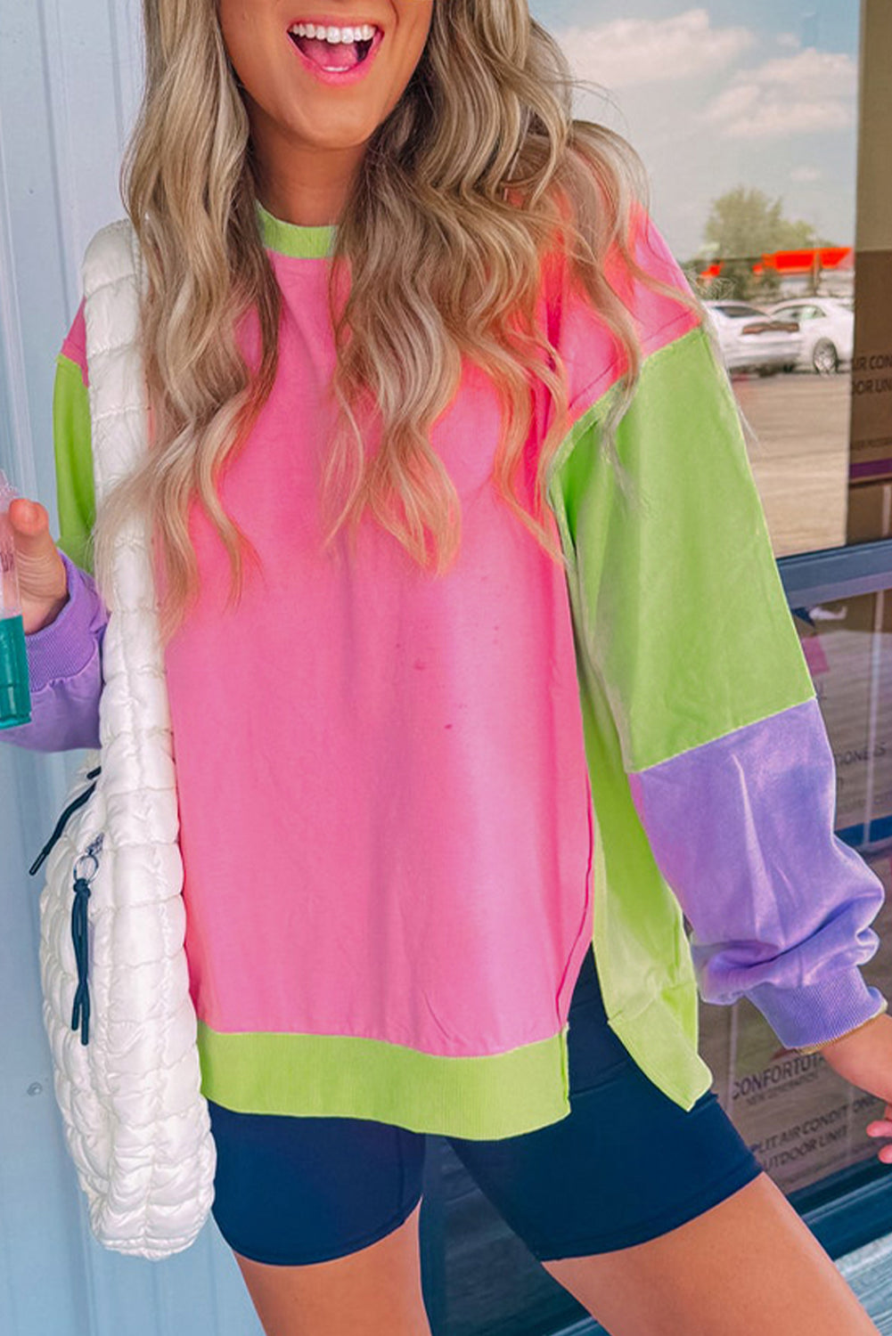 Pink Color Block Exposed Seam Sweatshirt