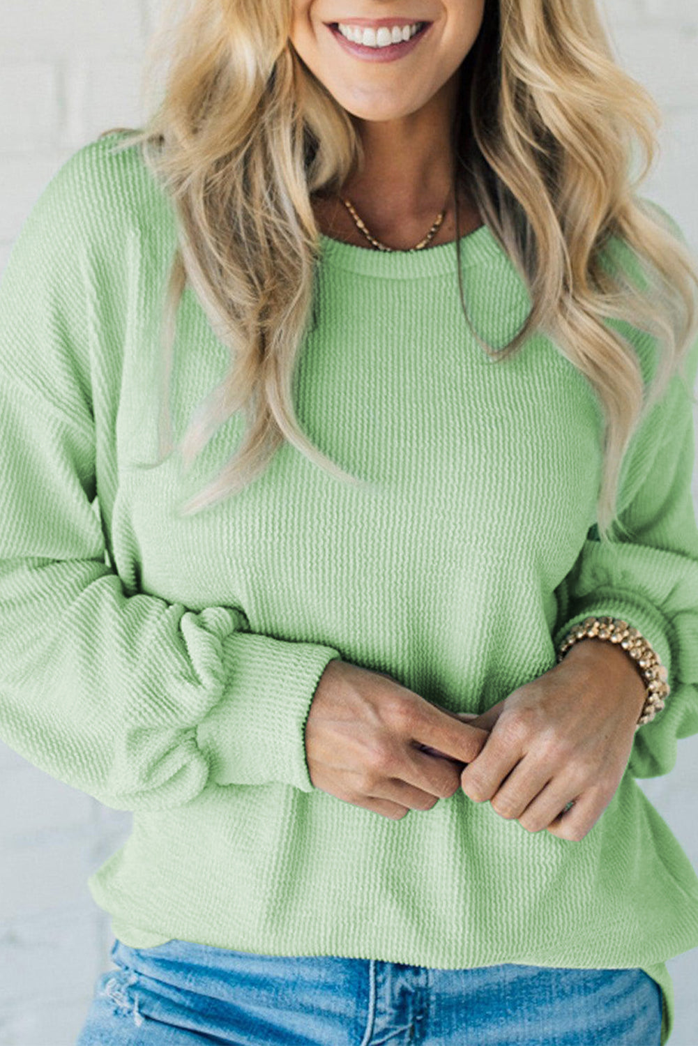 Solid Cord Ribbed Drop Shoulder Pullover Top