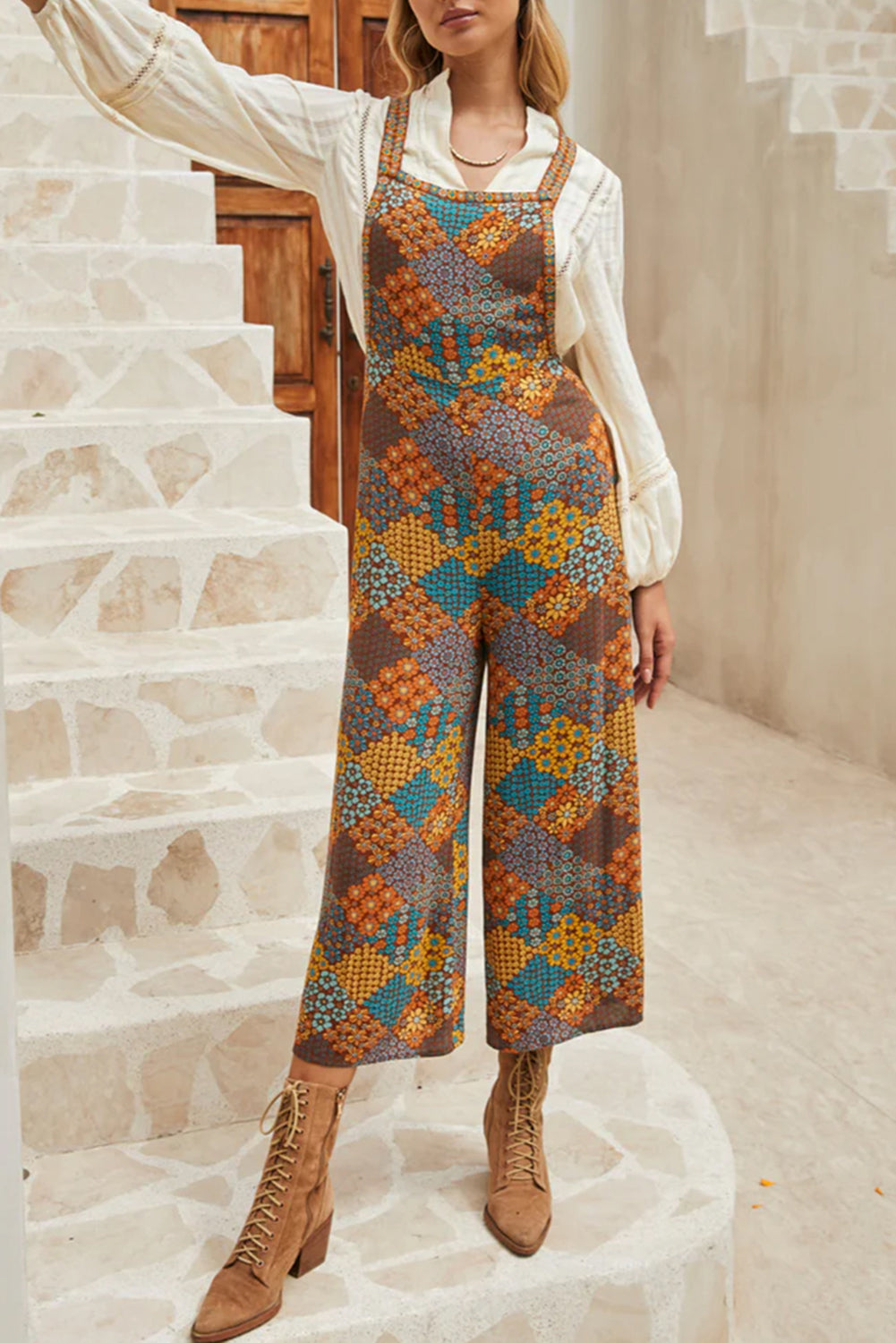 Boho Floral Print Crossed Straps Ankle-length Jumpsuit