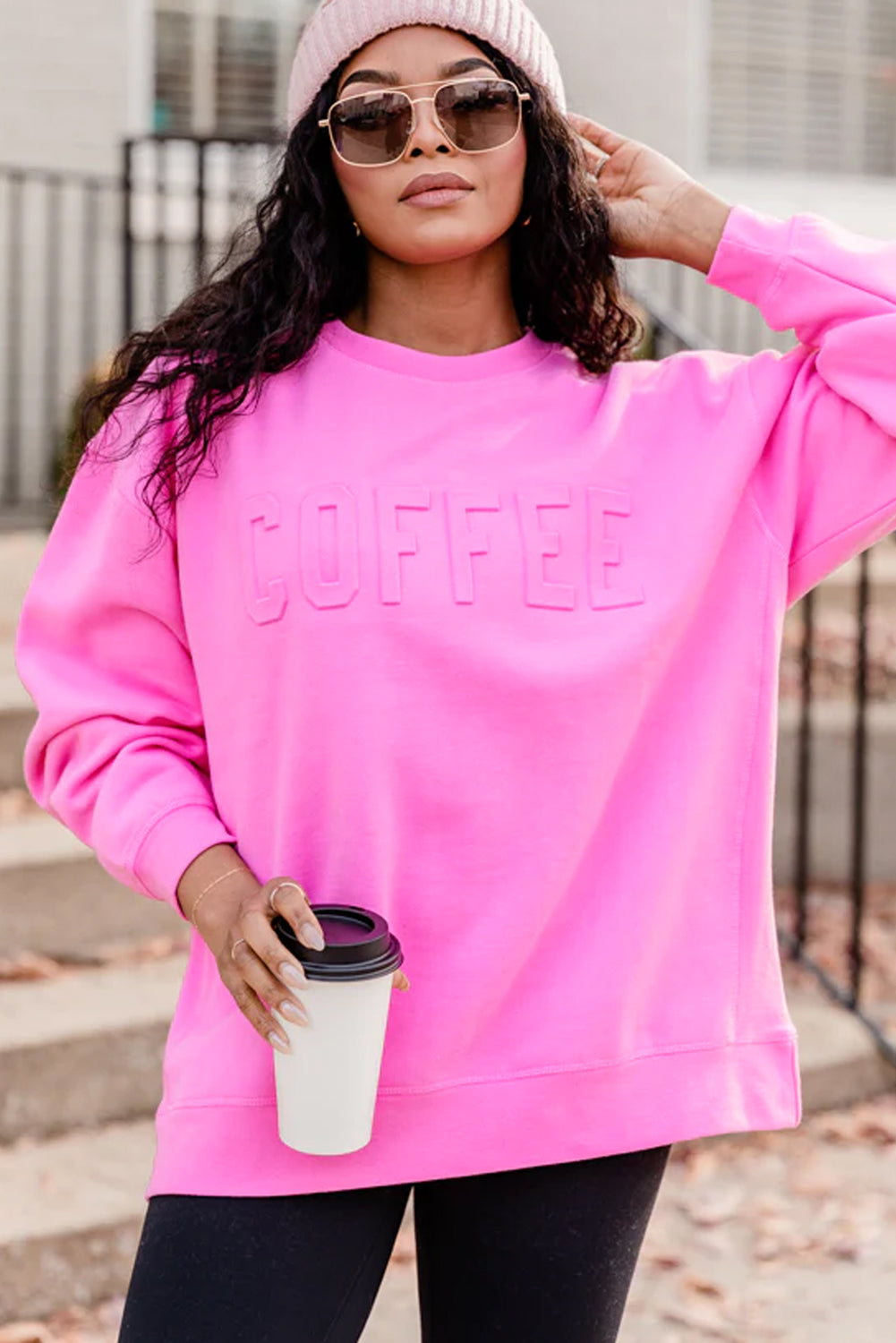 Bright Pink COFEE Letter Embossed Casual Sweatshirt