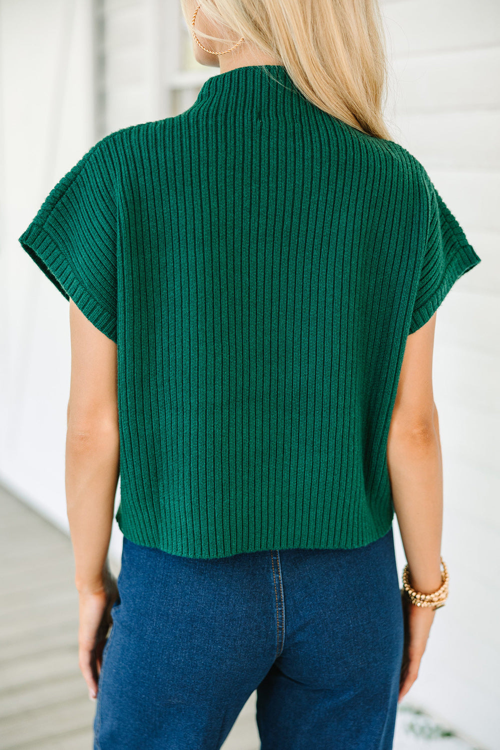 Patch Pocket Ribbed Knit Short Sleeve Sweater