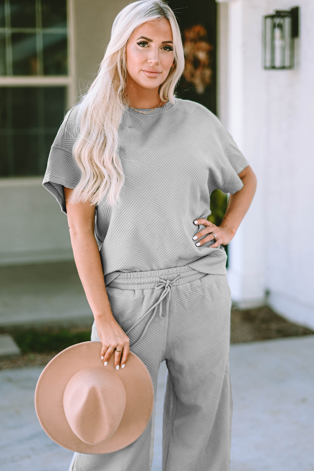 Textured Loose Fit T Shirt and Drawstring Pants Set