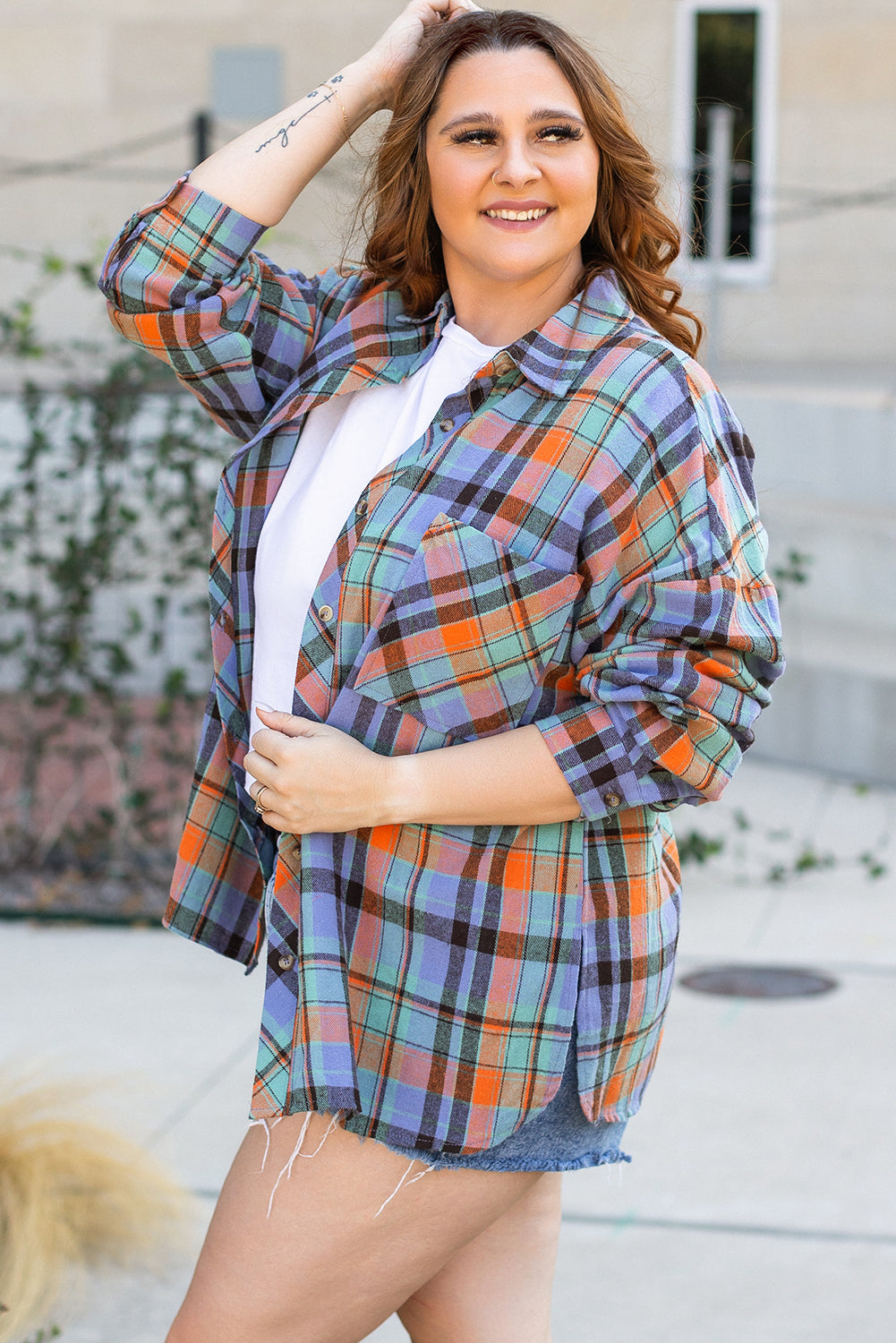 Plaid Print Buttoned Shirt in CURVY SIZE ONLY