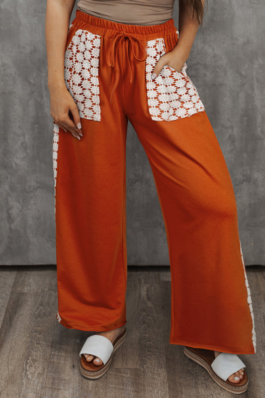 Gold Flame Floral Crochet Patch Drawstring Wide Leg Pants in CURZY SIZE ONLY