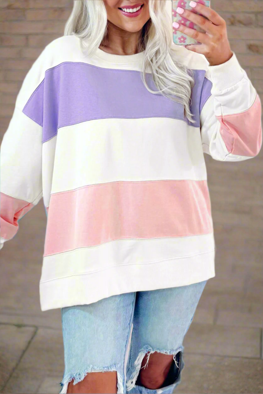 Beige Colorblock Patchwork Drop Shoulder Crewneck Sweatshirt