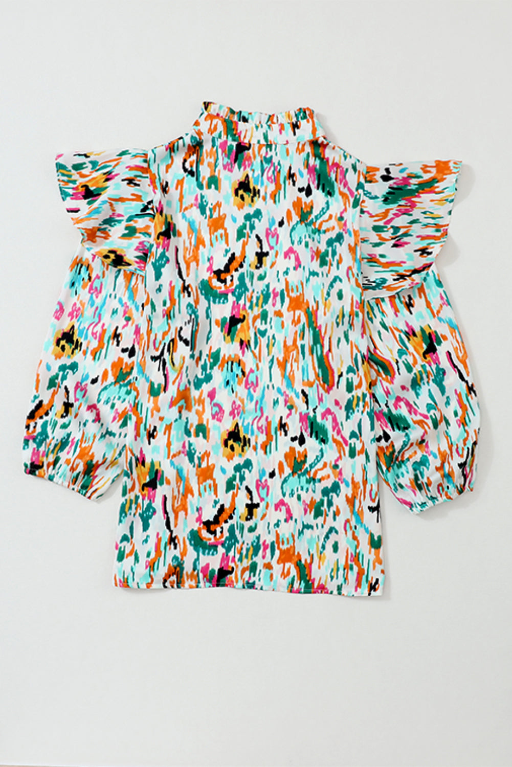 Multicolor Abstract Print 3/4 Puff Sleeve Ruffle Blouse in Teal Multicolor