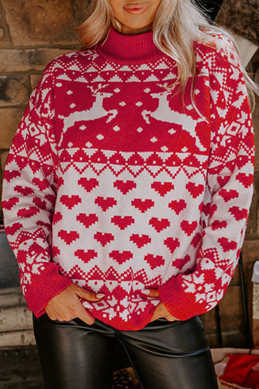 Fiery Red Merry Christmas Reindeer Heart Pattern Sweater