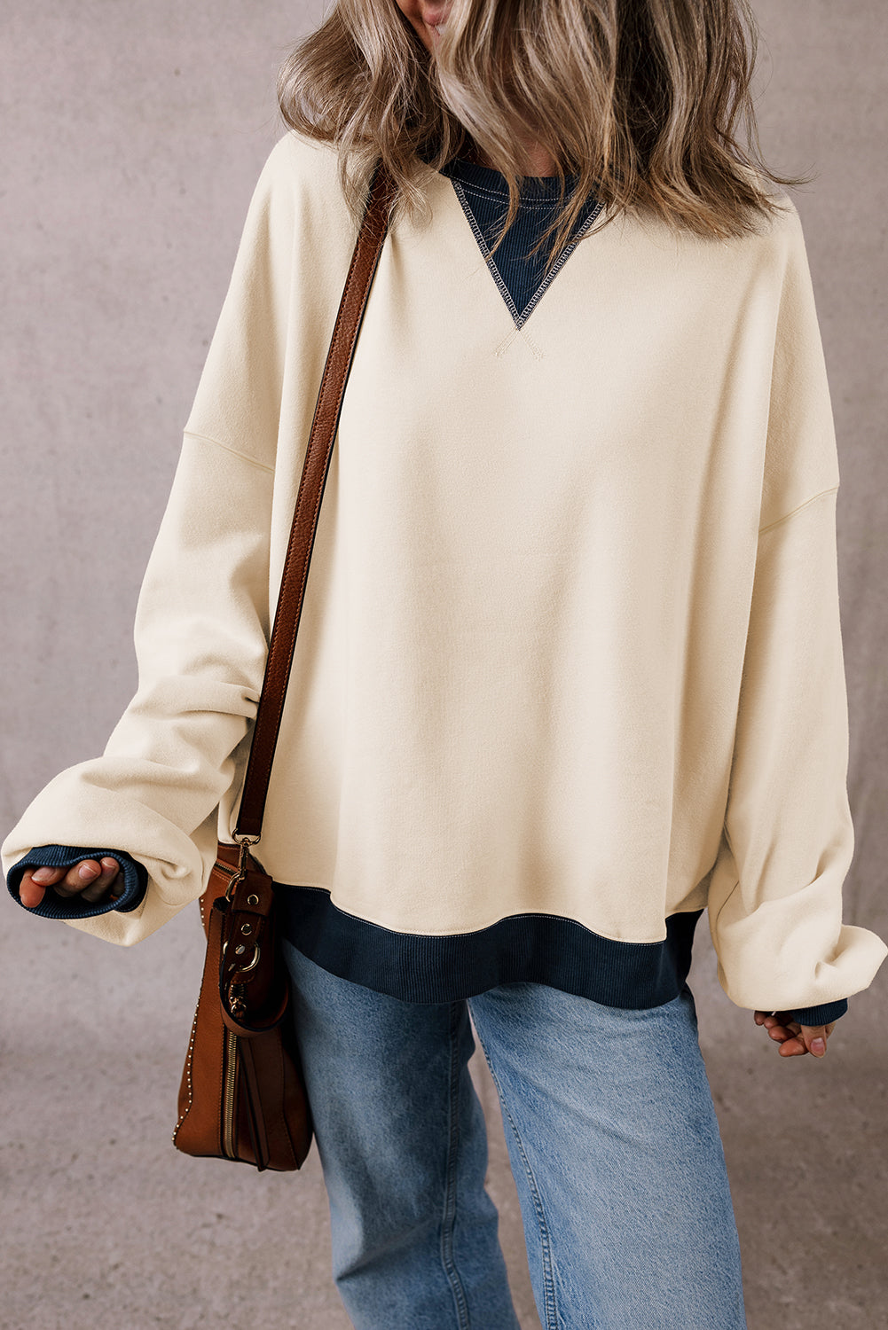 Oversized Sweatshirt Color Block Patch Drop Shoulder