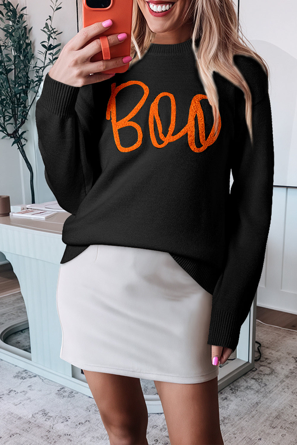 Apricot Boo Knitted Pattern Ribbed Edge Drop Shoulder Sweater