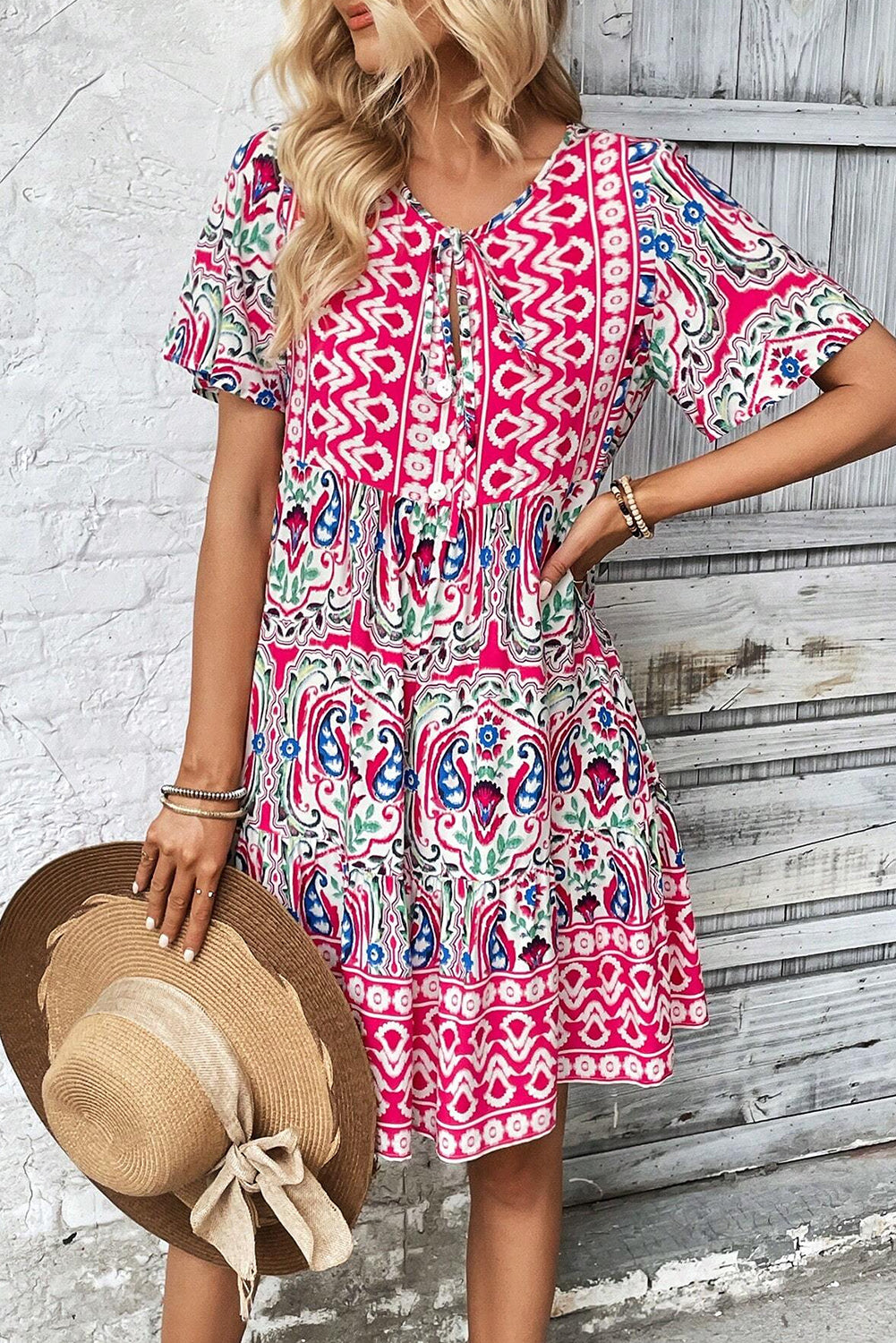 Pink Bohemian Print Tie Neck Ruffle Hem Short Dress