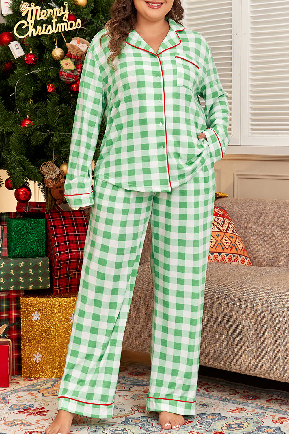 Green Plaid Print Long Sleeve Pajama Set in CURVY SIZE ONLY