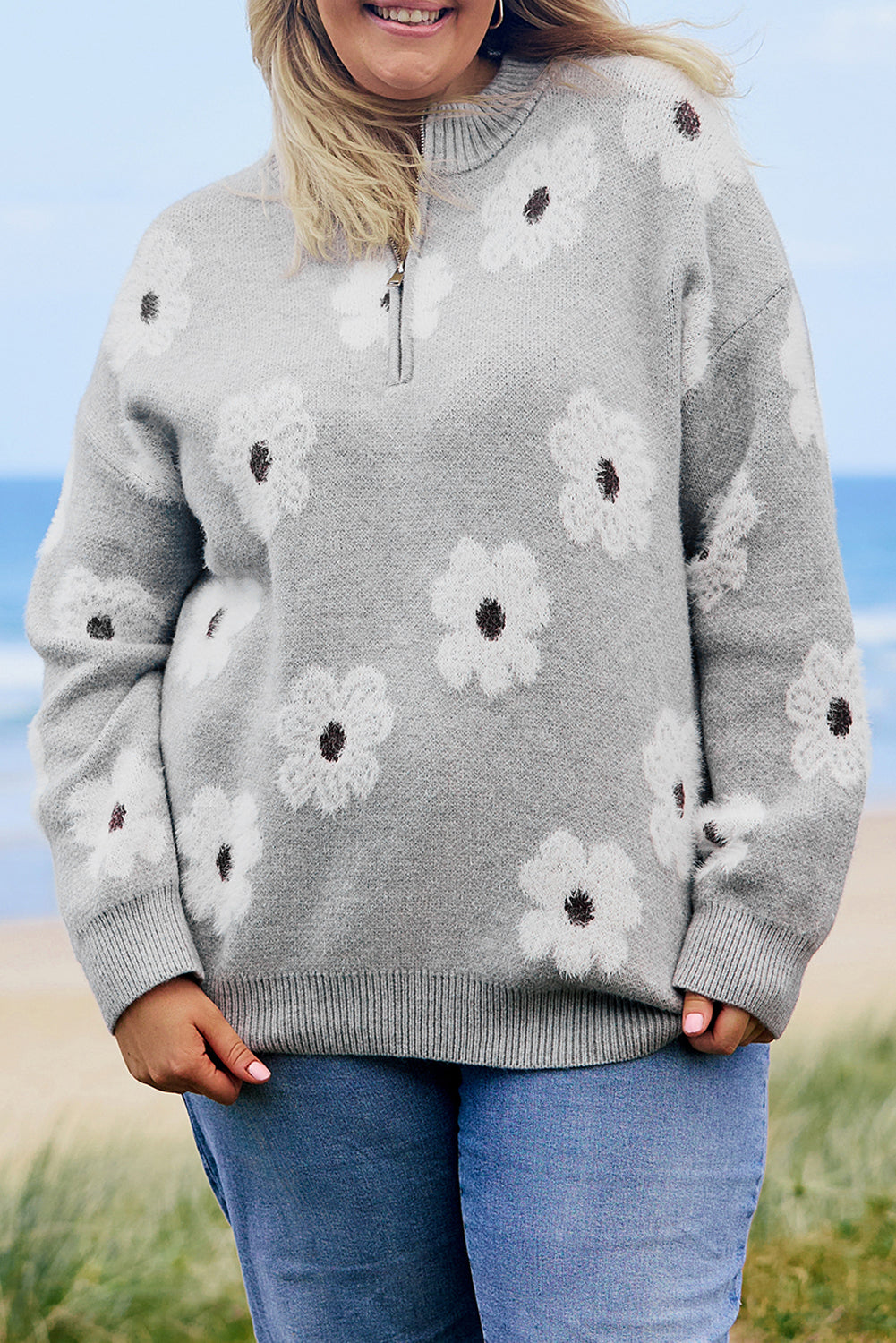 Gray Embroidered Floral Half Zip Sweater in CURVY SIZE ONLY