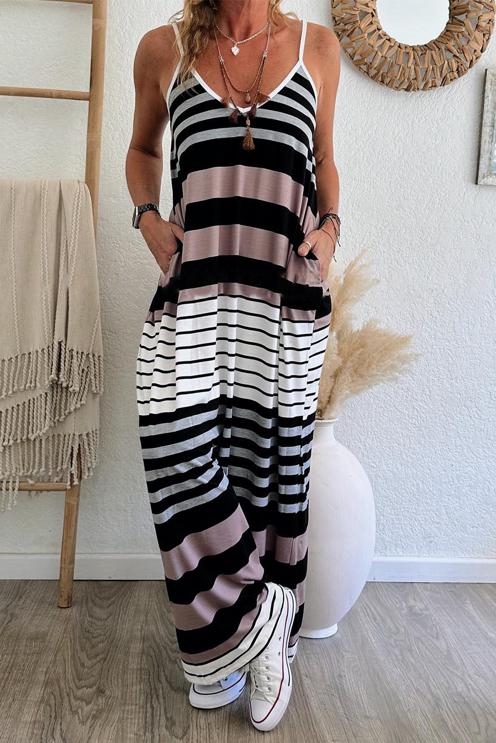 Multicolor Mixed Stripes Spaghetti Straps V Neck Maxi Dress