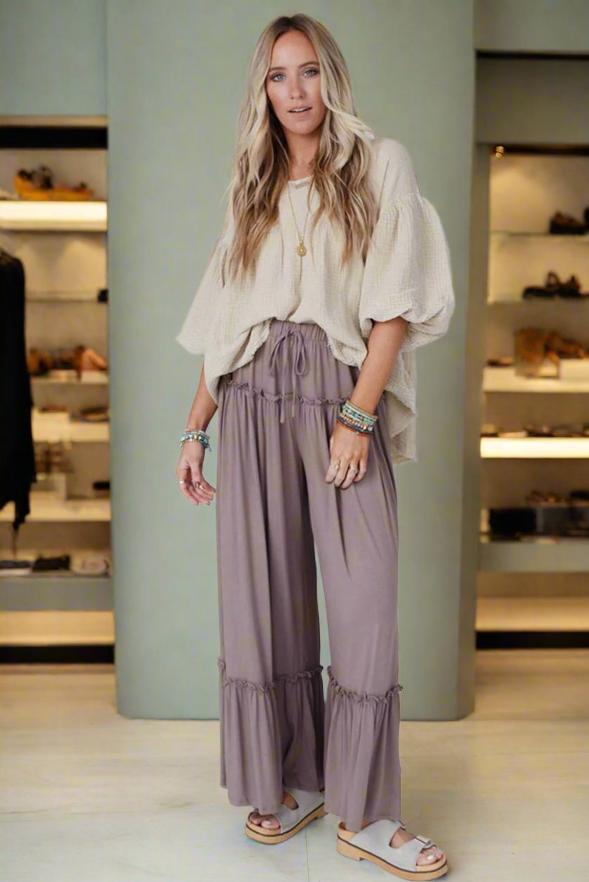 Frilled Drawstring High Waist Wide Leg Pants