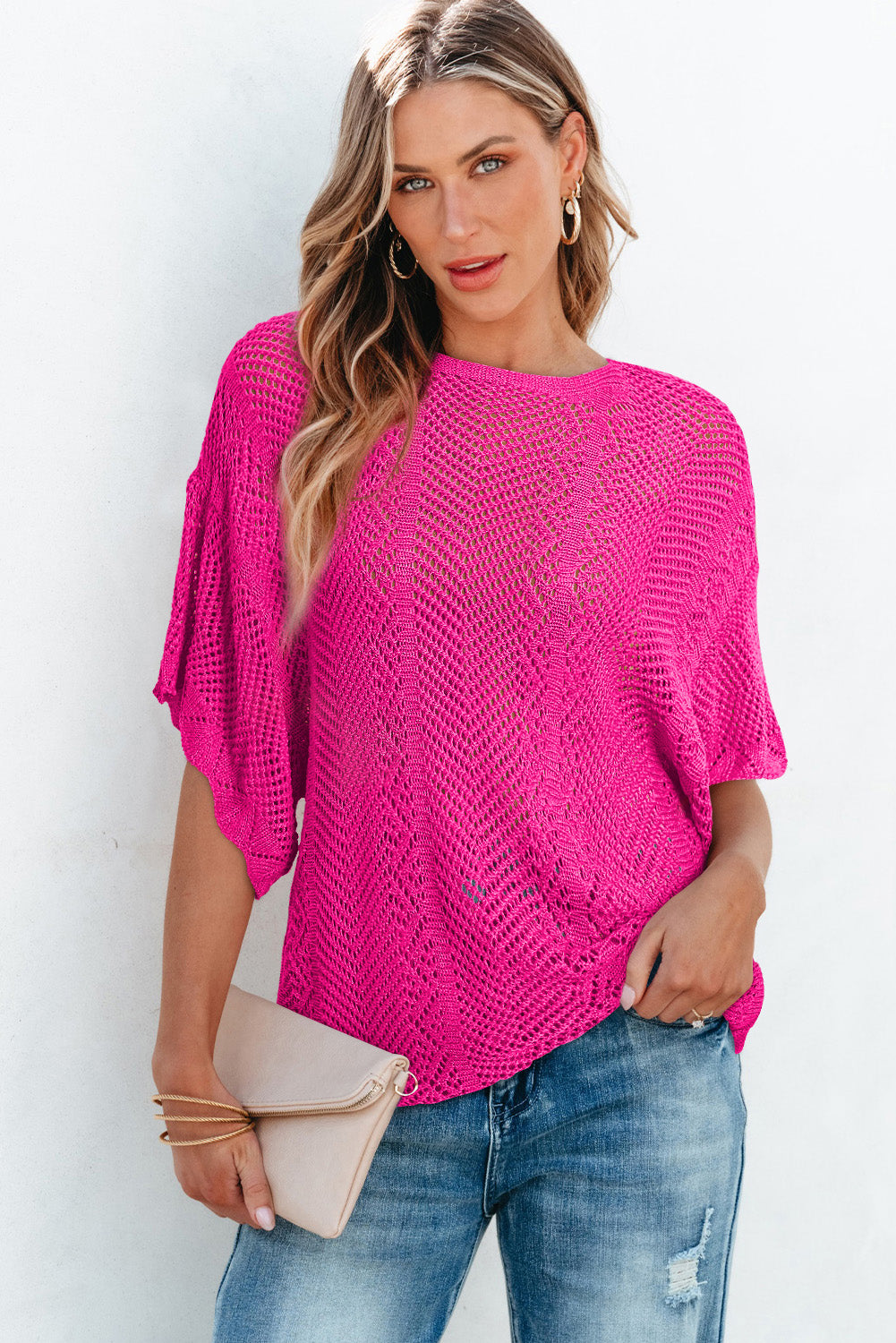 Rose Red Knit Scallop Edge Short Sleeve Knit Top