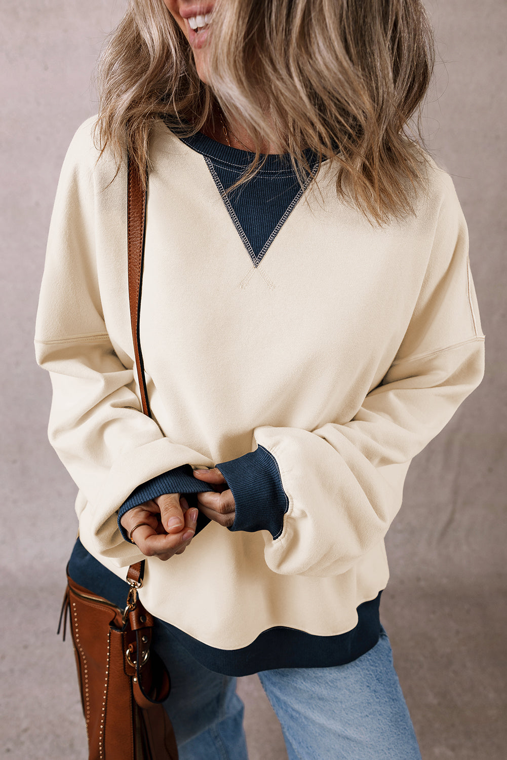 Oversized Sweatshirt Color Block Patch Drop Shoulder