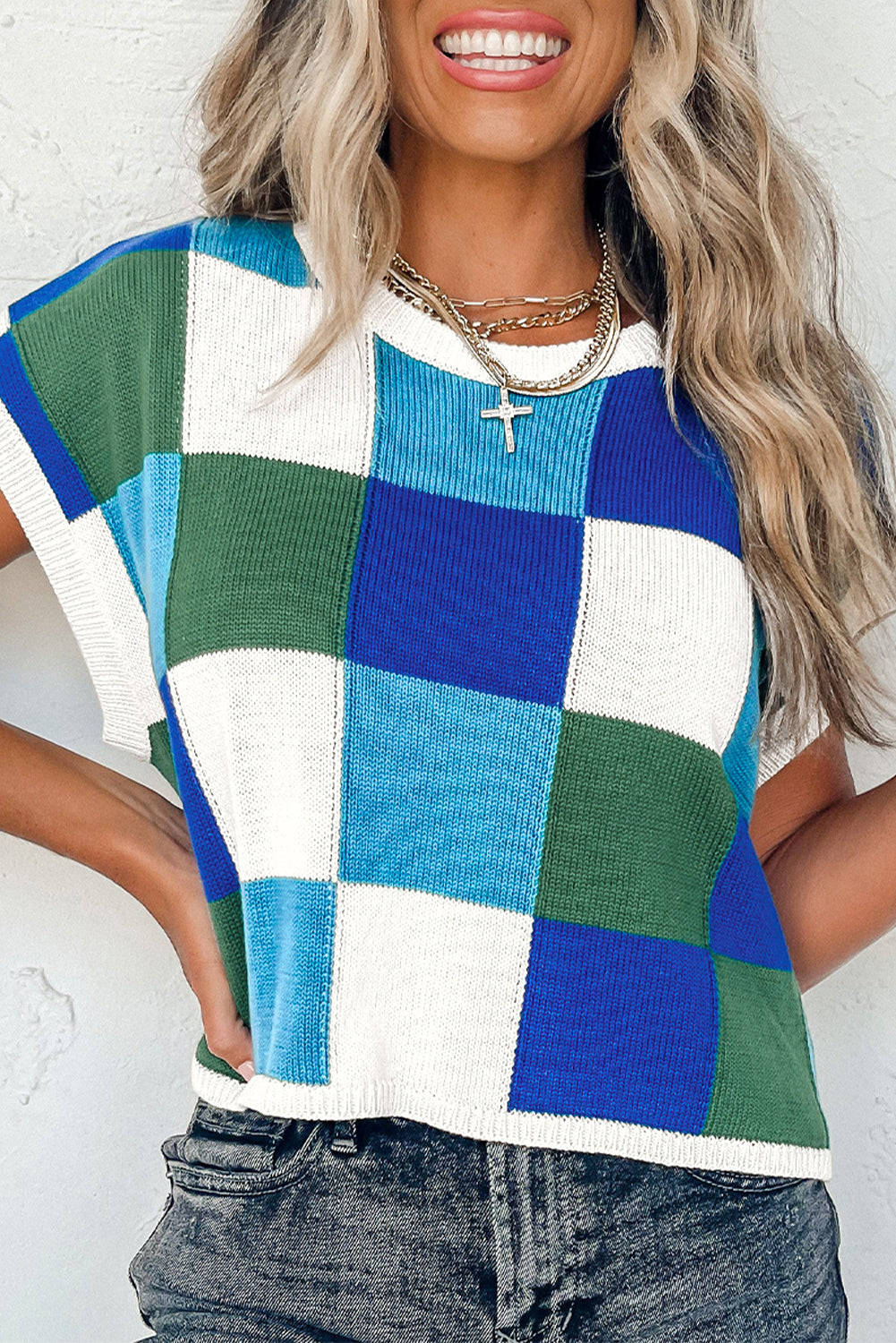 Color Block Cap Sleeve Sweater in blue