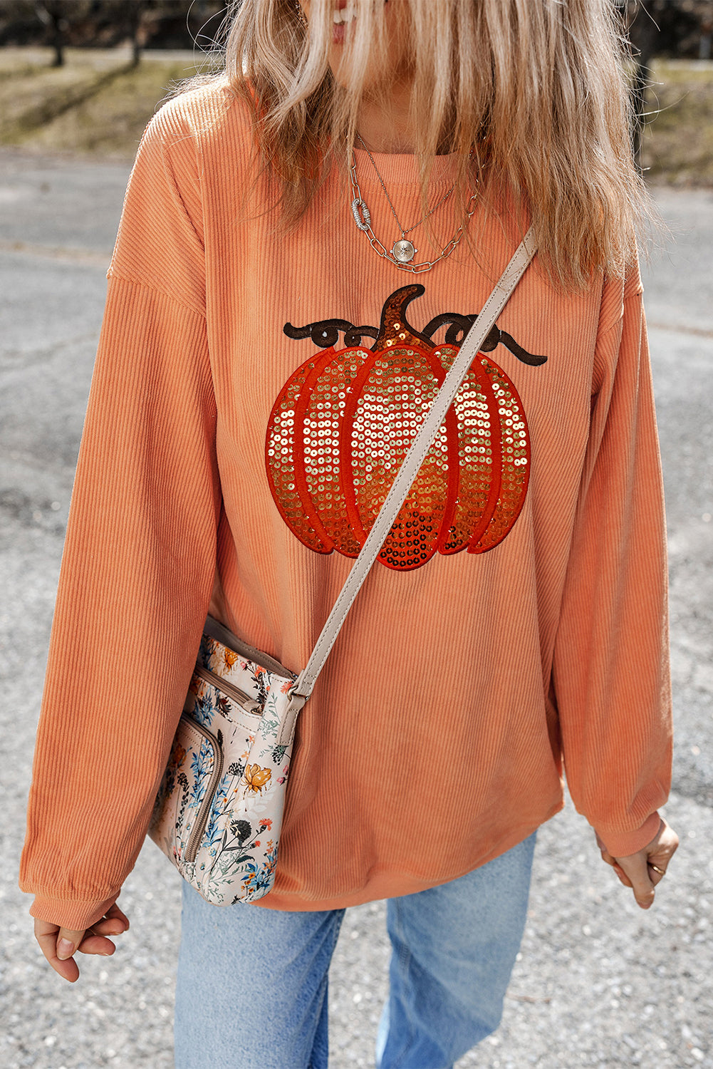 Orange Sequined Pumpkin Halloween Sweatshirt