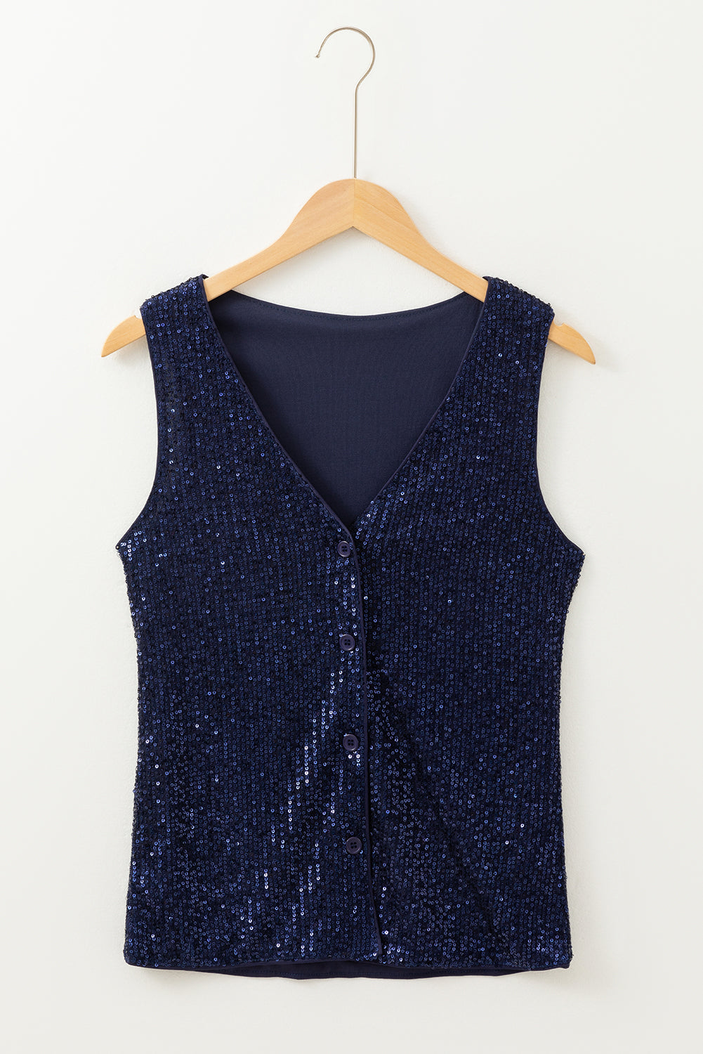 Dirty blue Sequined Deep V Neck Buttoned Sleeveless Top