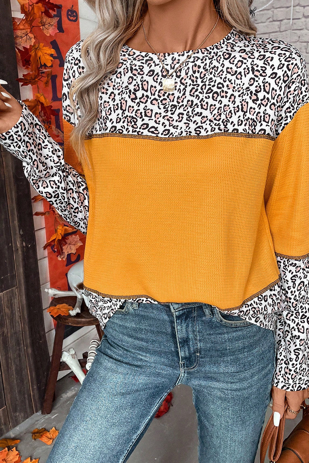 Leopard Print Waffle Knit Patchwork Top in Vitality Orange