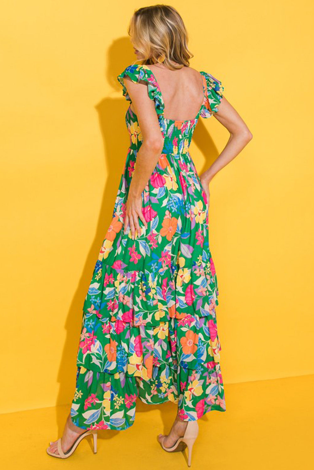 Green Floral Print Sleeveless Ruffle Tiered Maxi Dress