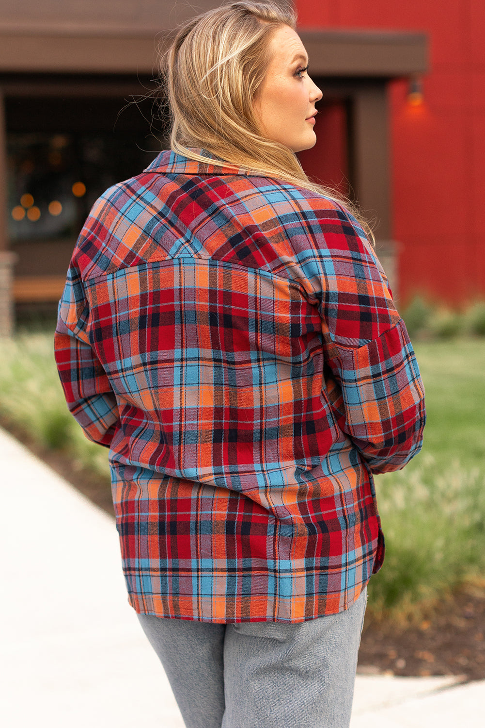 Plaid Print Buttoned Shirt in CURVY SIZE ONLY